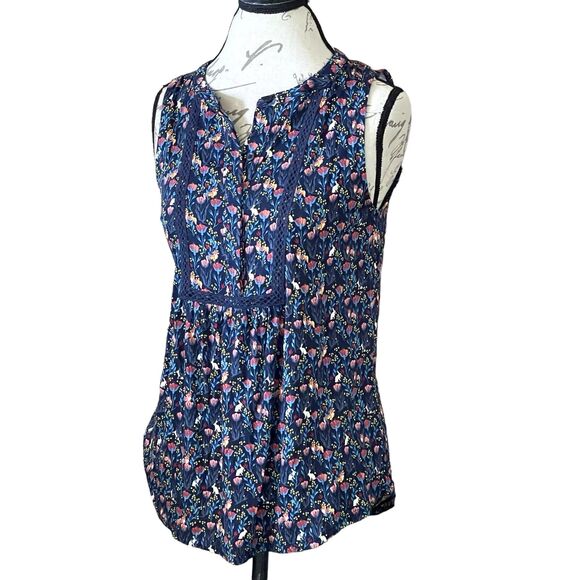 Loft Womens Blouse Sz XS Floral Trim Popover Mid Button Sleeveless Botanical - Picture 2 of 13